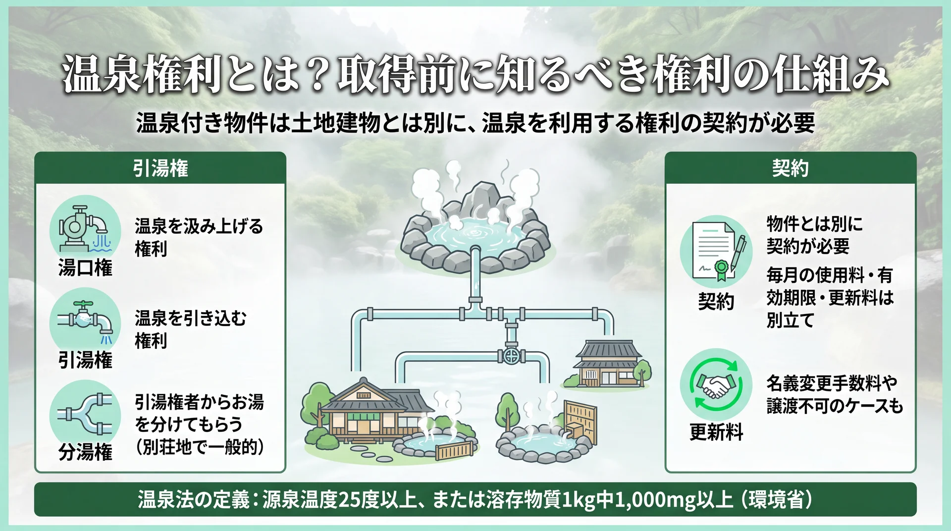 湯口権・引湯権・分湯権の3種類と、温泉権が物件とは別契約で更新料・有効期限を伴う仕組みを示した図解