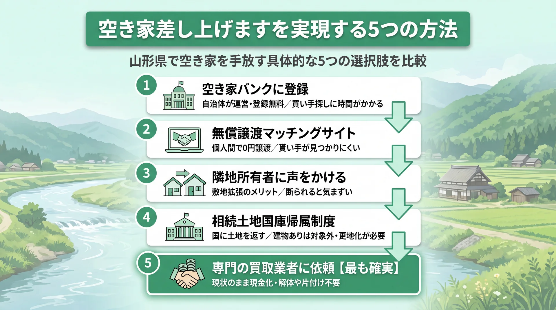 山形県で空き家を手放す5つの方法を比較するインフォグラフィック