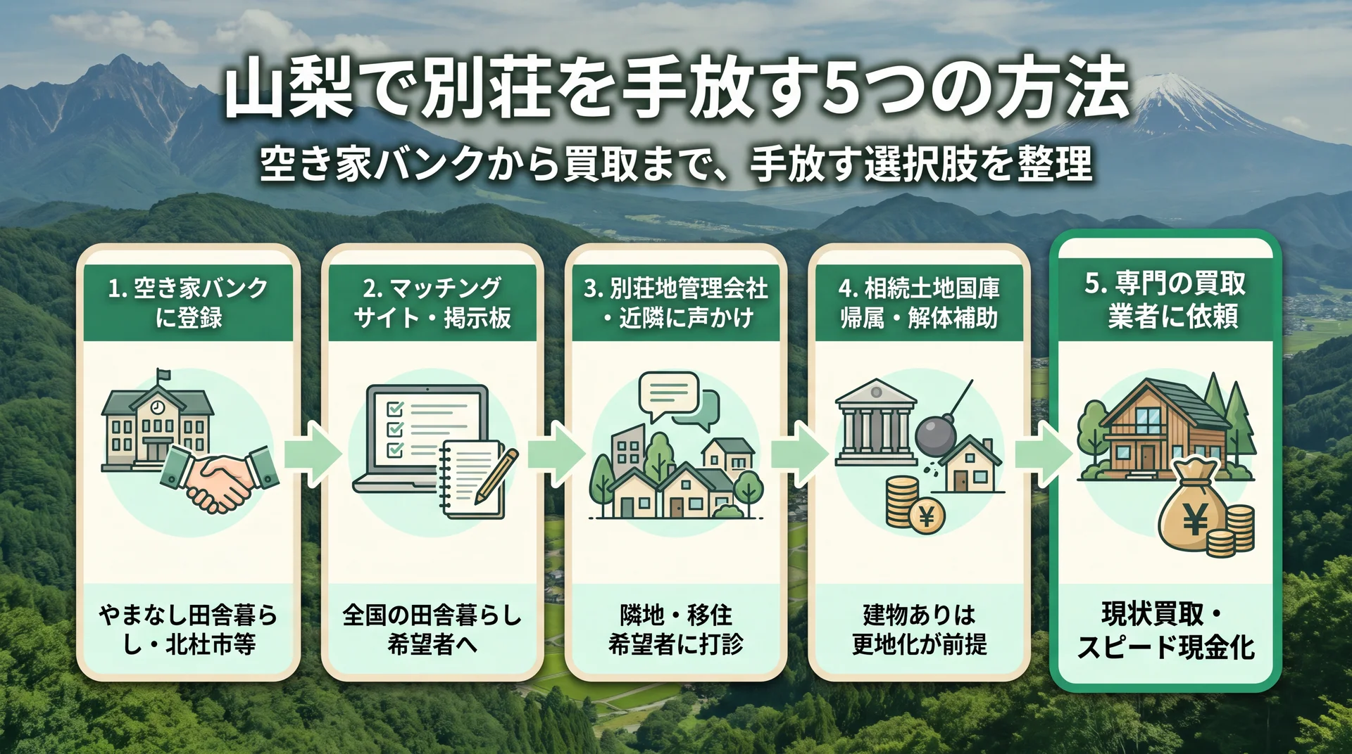 山梨県で別荘を手放す5つの方法を示すインフォグラフィック