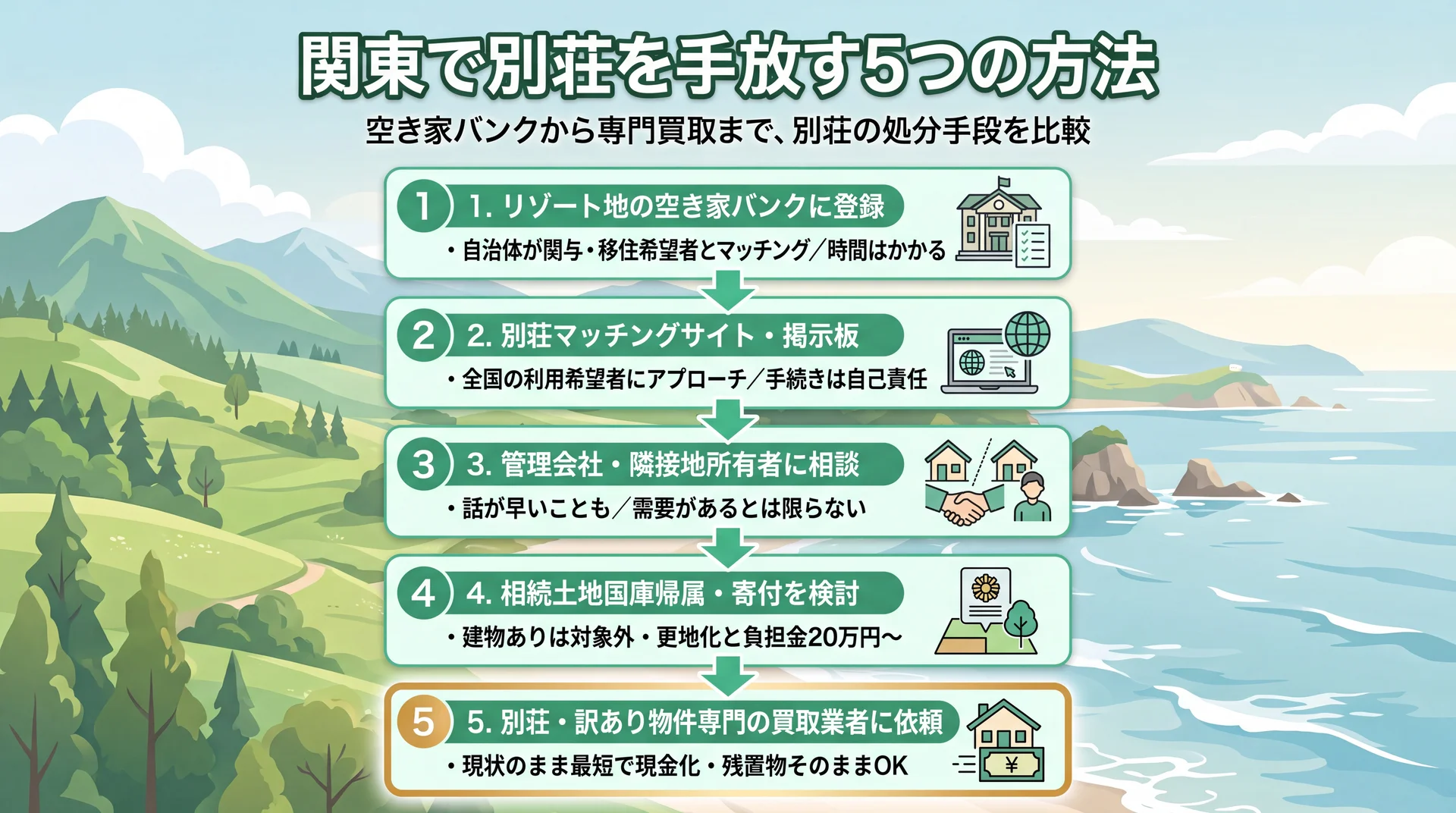 関東で別荘を手放す5つの方法を示すインフォグラフィック