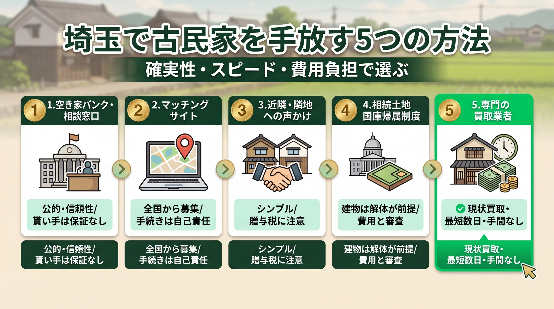 埼玉で古民家を手放す5つの方法をまとめたインフォグラフィック