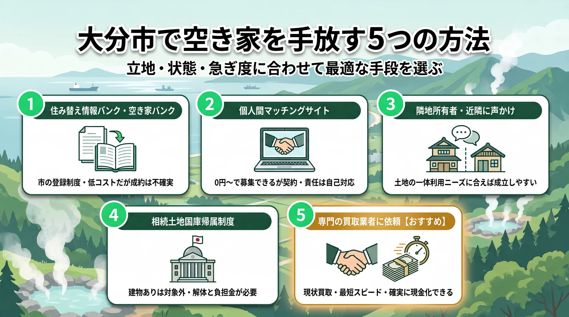 空き家バンク・マッチング・買取など、空き家を手放す複数の選択肢を並べたイメージ