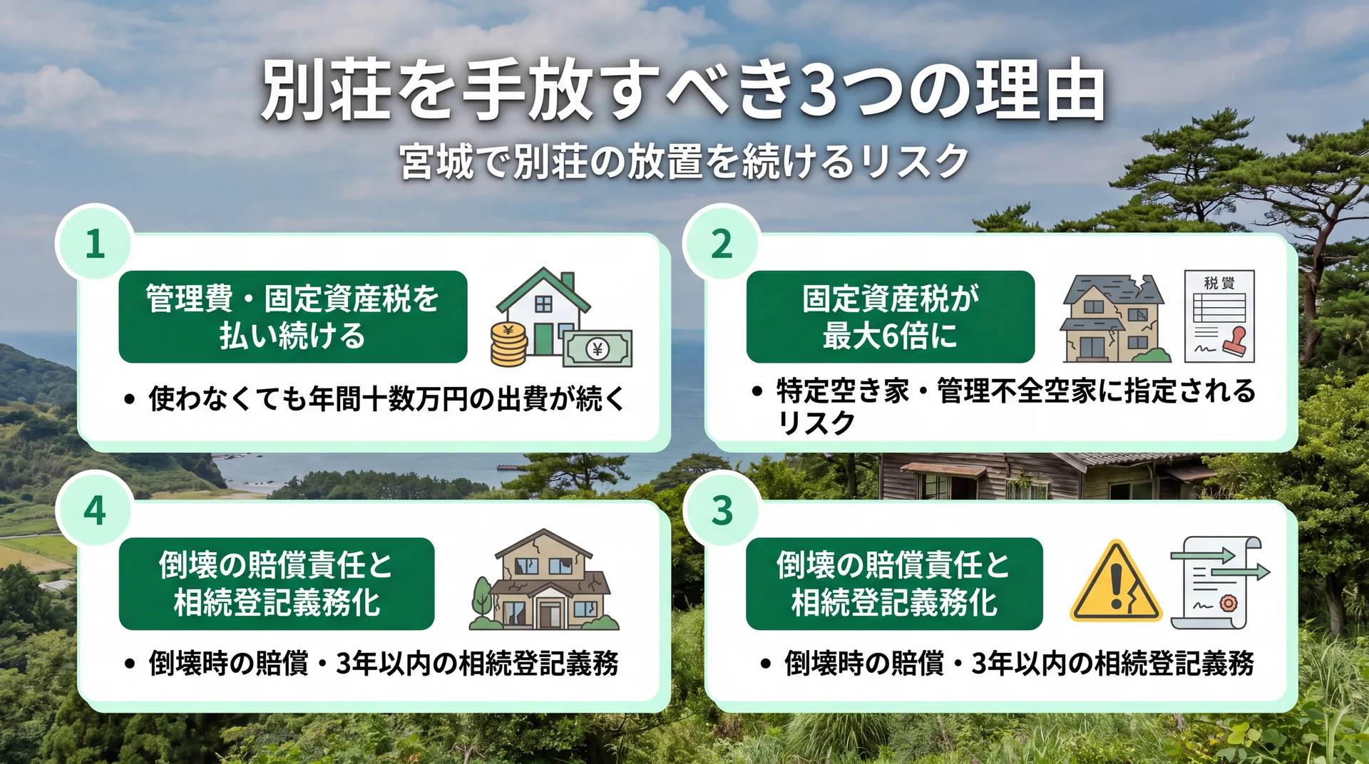 宮城の別荘を手放すべき3つの理由を示すインフォグラフィック