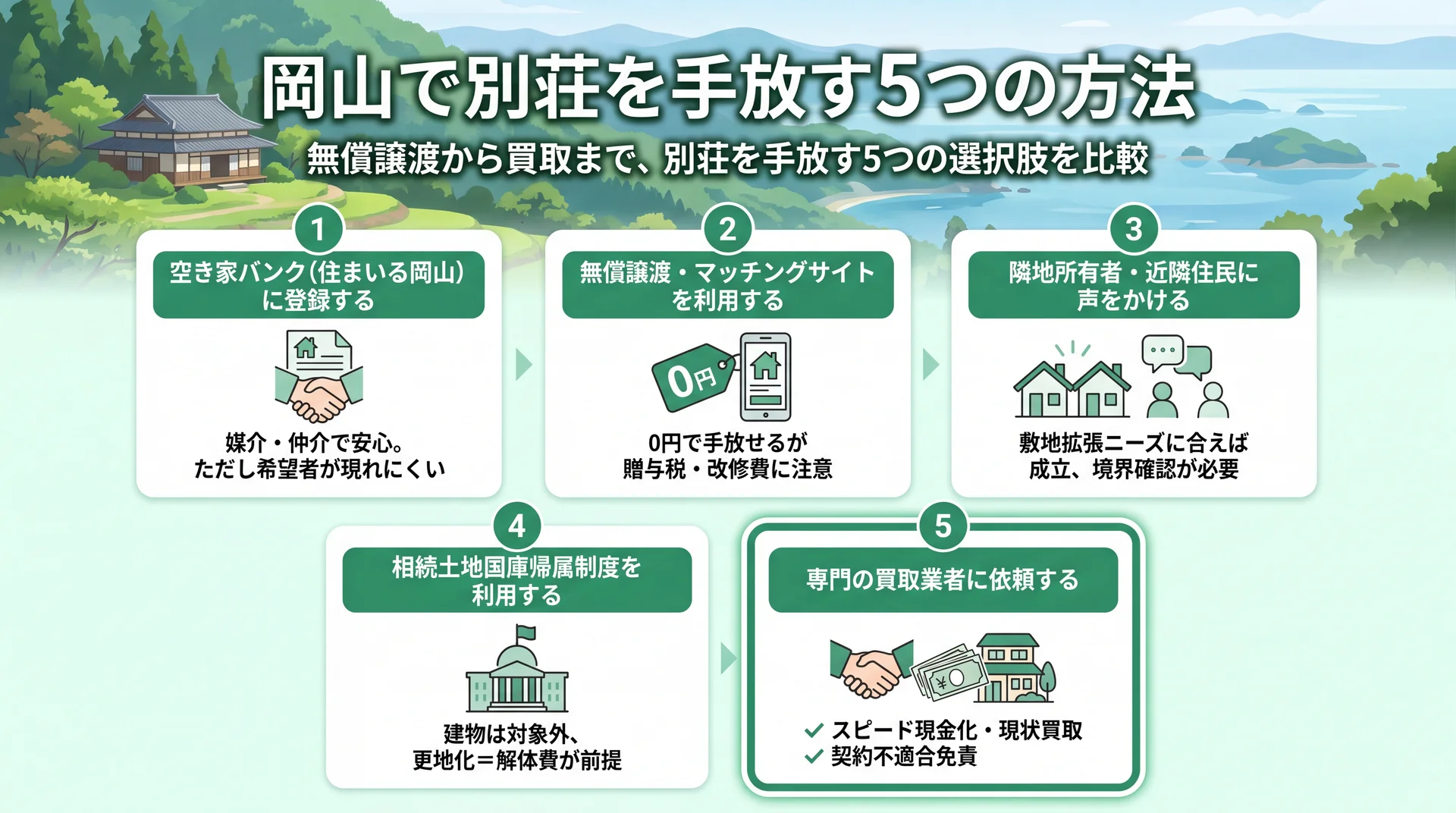 別荘を手放す方法の選択肢を示すイメージ