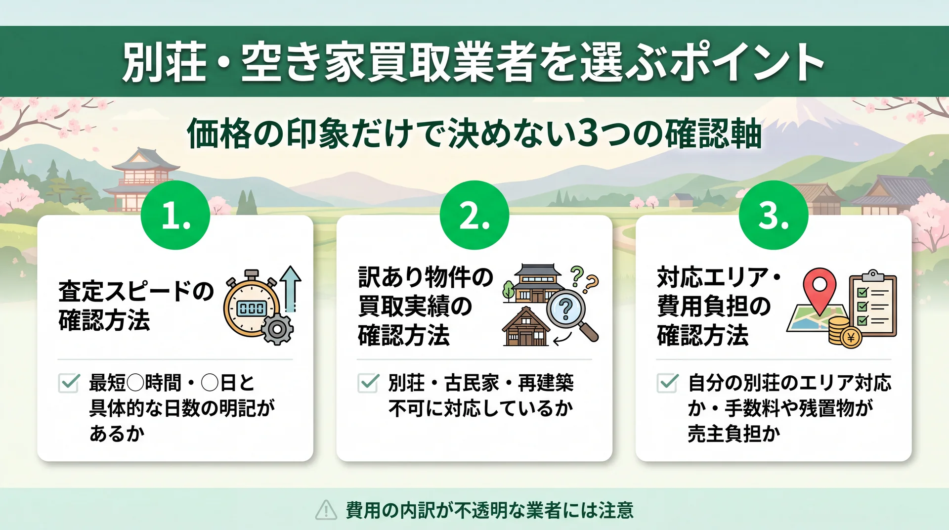 別荘・空き家買取業者を3つの基準で選ぶイメージ