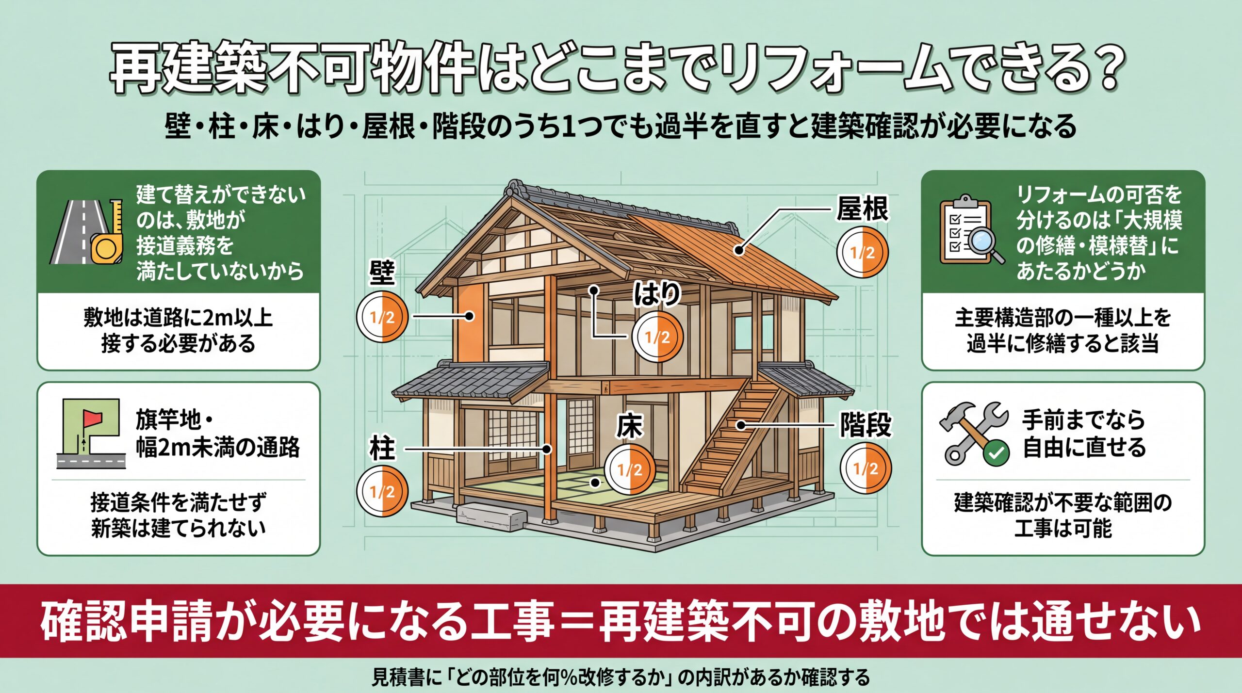 主要構造部6部位のうち1つでも過半を改修すると建築確認が必要になる境目と、接道2m未満で建て替えができない仕組みの図解