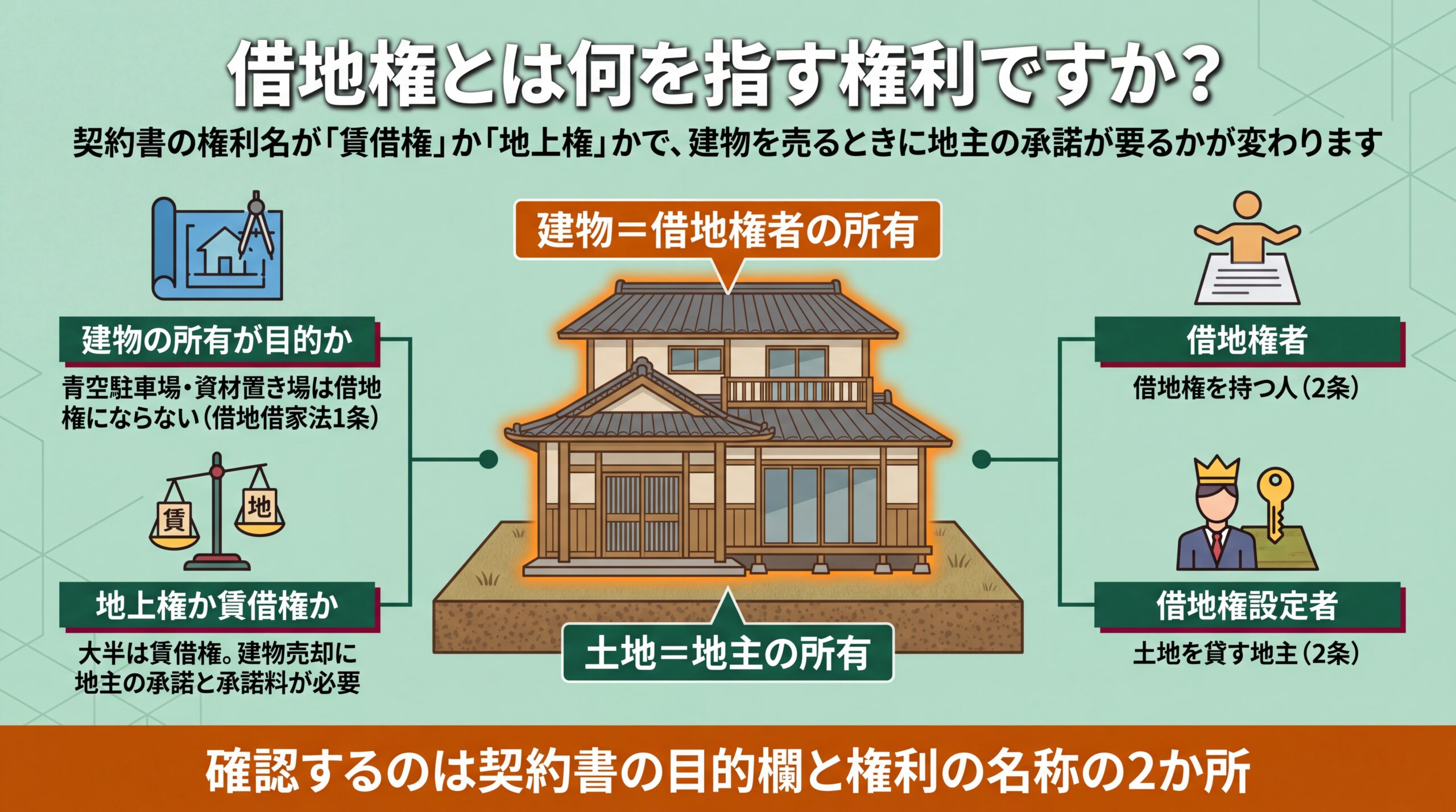 土地は地主・建物は借地権者という所有関係と、地上権か賃借権かで建物売却時の承諾の要否が変わることを示した図解