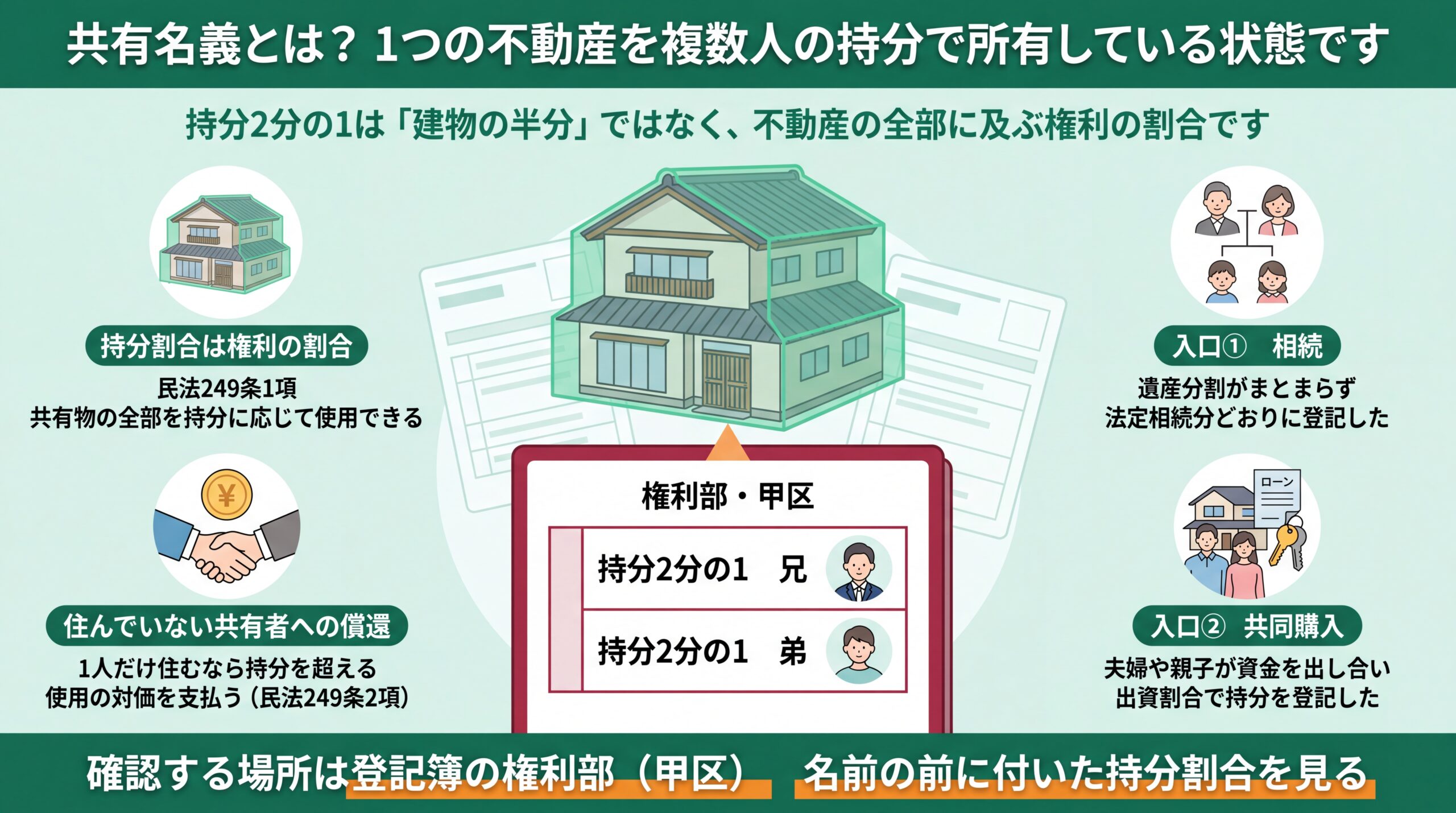 持分2分の1が不動産の全部に及ぶ権利であることと、相続・共同購入という2つの発生経路を登記簿の記載とあわせて図解