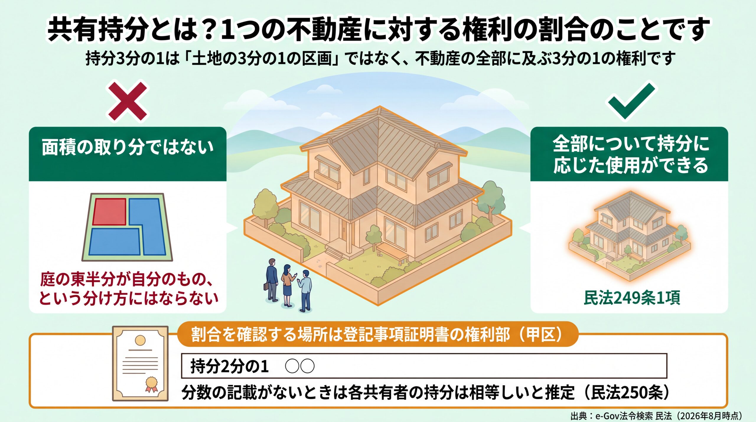 持分3分の1は土地の3分の1の区画ではなく不動産の全部に及ぶ権利であることと、登記事項証明書 権利部(甲区)での確認方法を示した図解