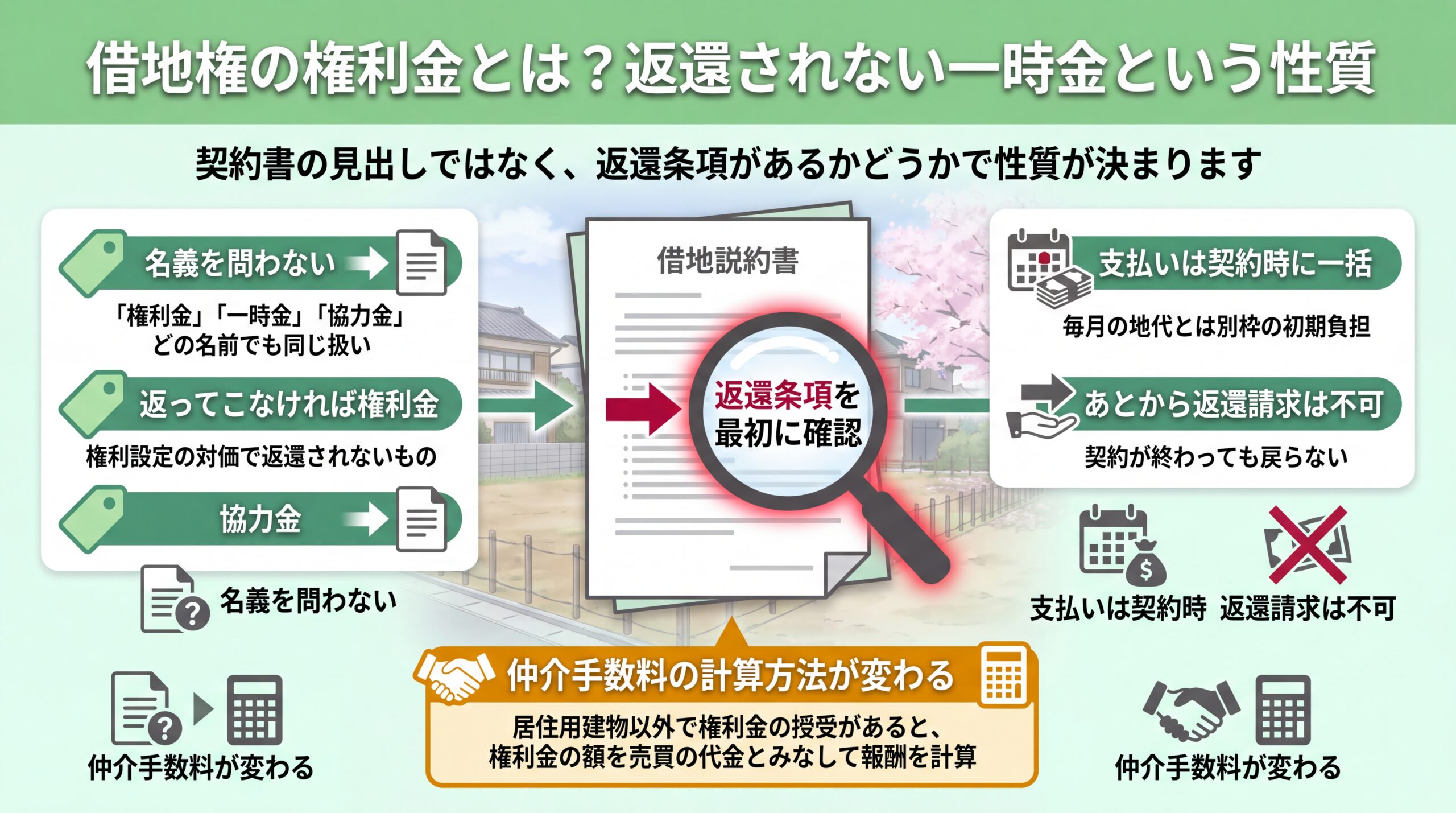 権利金・一時金・協力金いずれの名義でも返還されなければ同じ扱いになる点と、契約時一括払い・返還請求不可・仲介手数料の計算変更を整理した図