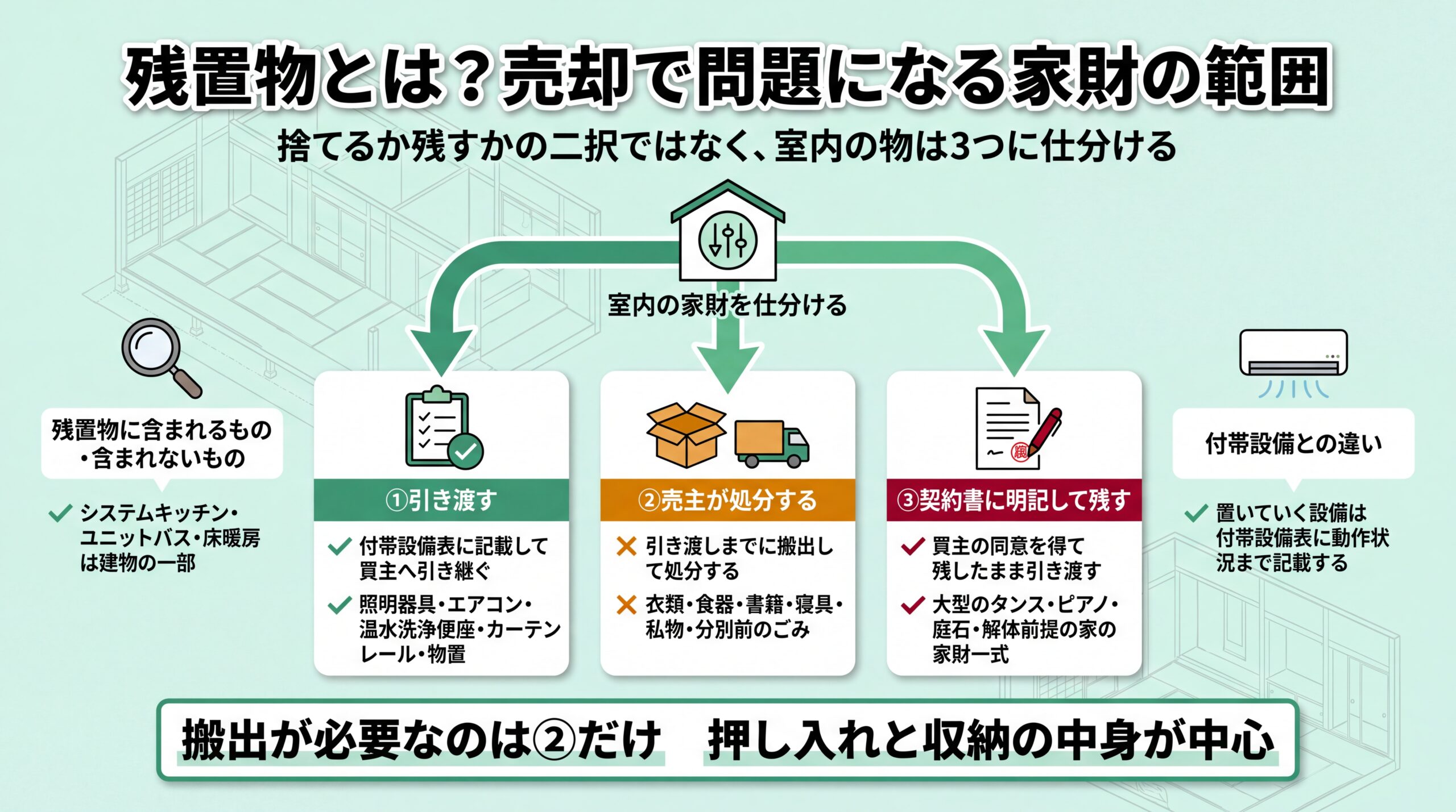 捨てる残すの二択ではなく、付帯設備表への記載・売主の処分・契約書への明記の3方向へ室内の家財を振り分ける仕分けフロー図