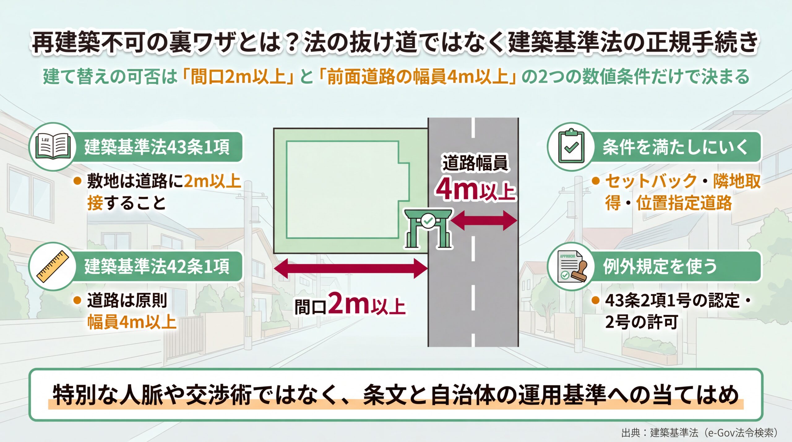間口2m以上と道路幅員4m以上という2つの数値条件、および条件を満たす手段と例外規定を使う手段の分岐を示した図