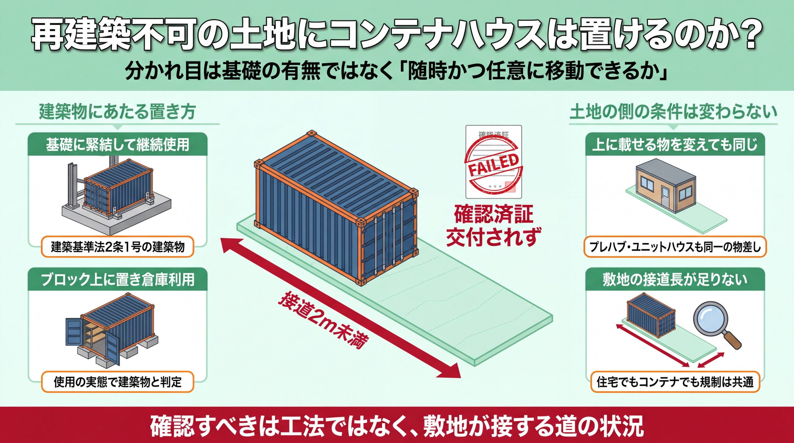 接道2m未満の敷地では確認済証が下りず、基礎の有無ではなく移動できるかどうかで建築物該当性が決まることを示した図