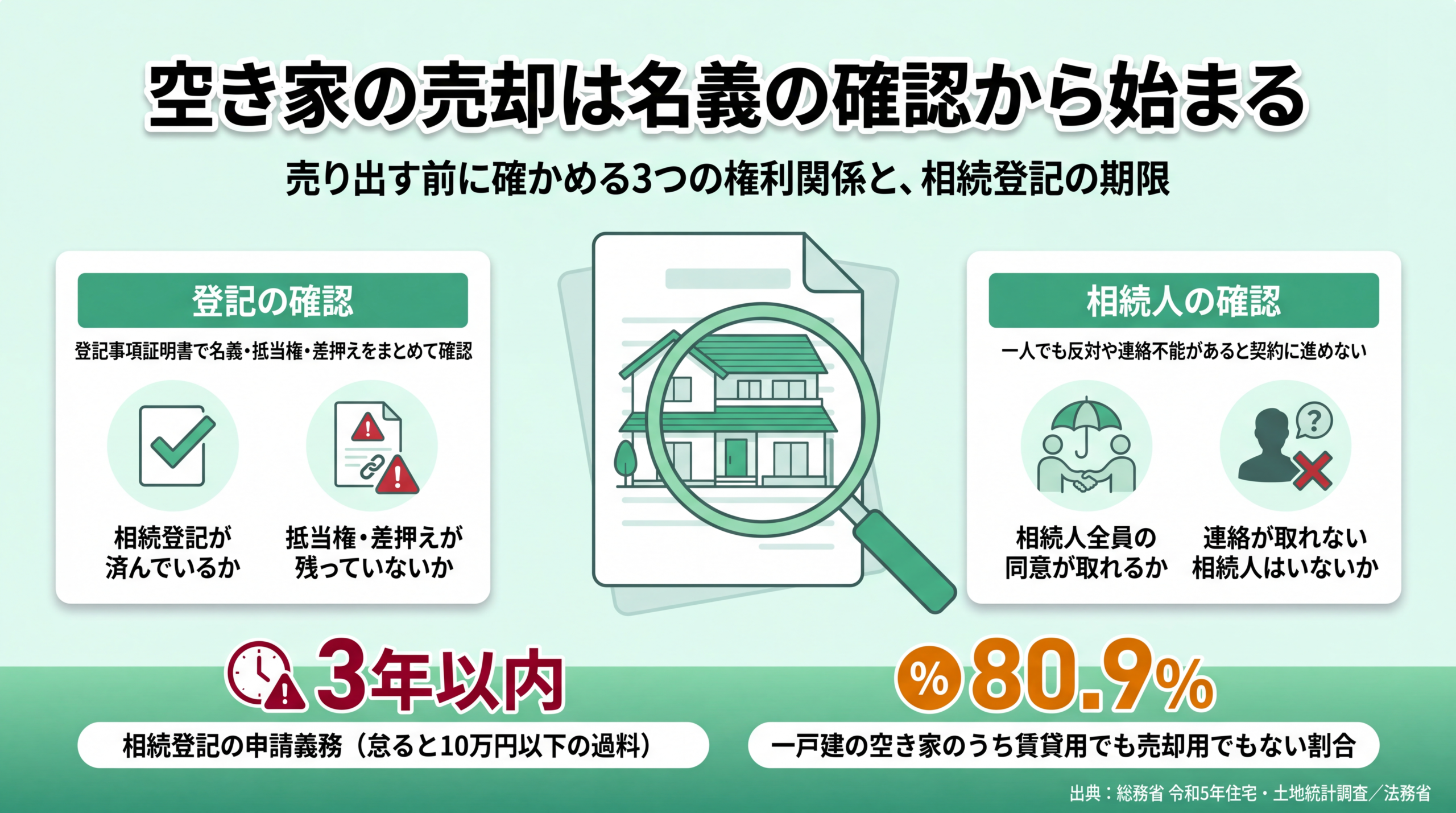 相続登記・相続人の同意・抵当権の3点を確認する流れと、相続登記3年以内の義務・一戸建の空き家の80.9%が売却用でない割合を示した図解
