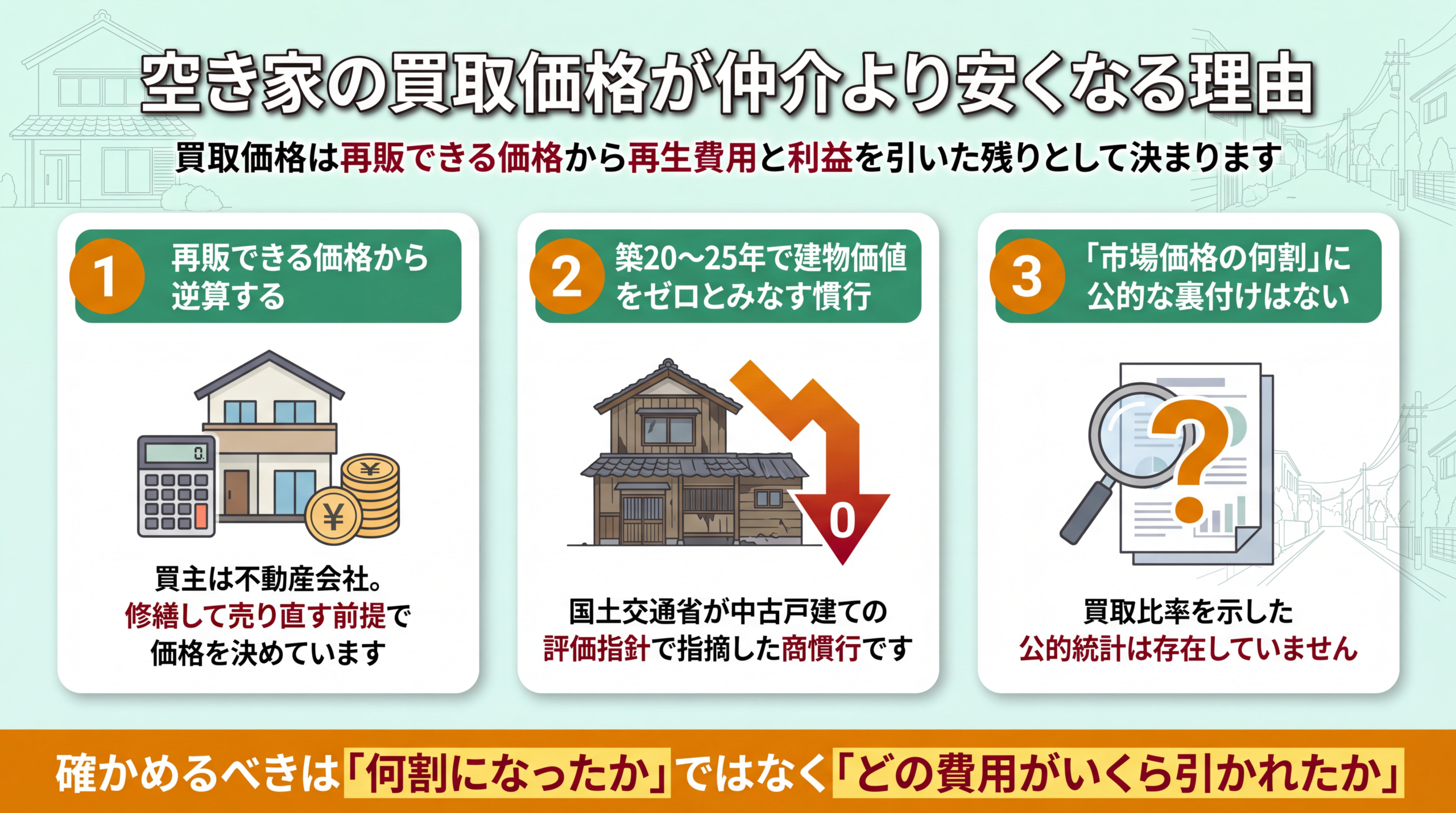 買取価格が仲介価格より低くなる理由を、再販コストの内訳と築年数による建物評価の2軸で示した図解