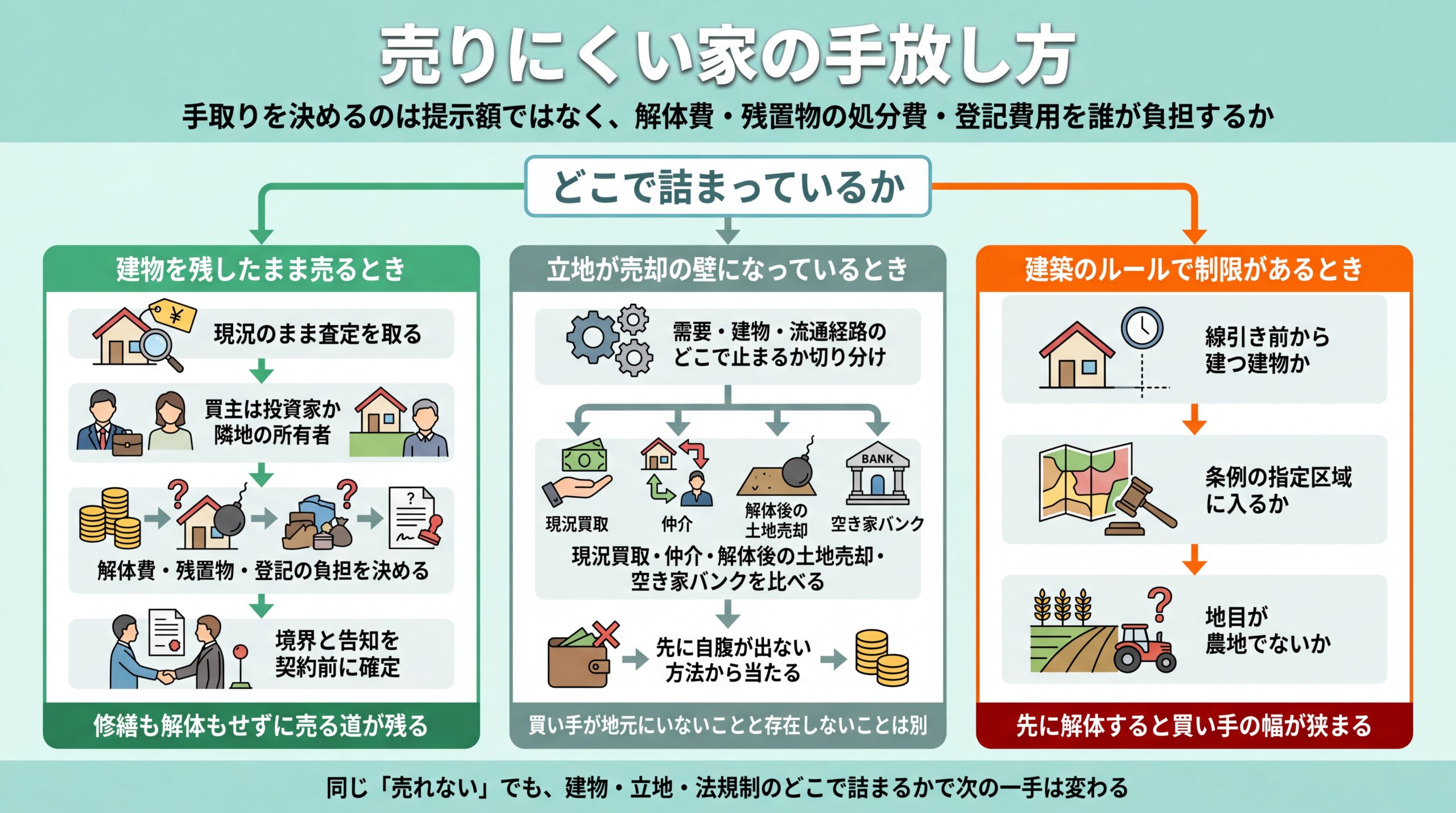 売れない原因を建物・立地・建築ルールの3系統に振り分け、それぞれの確認手順と結論を並べたフロー図