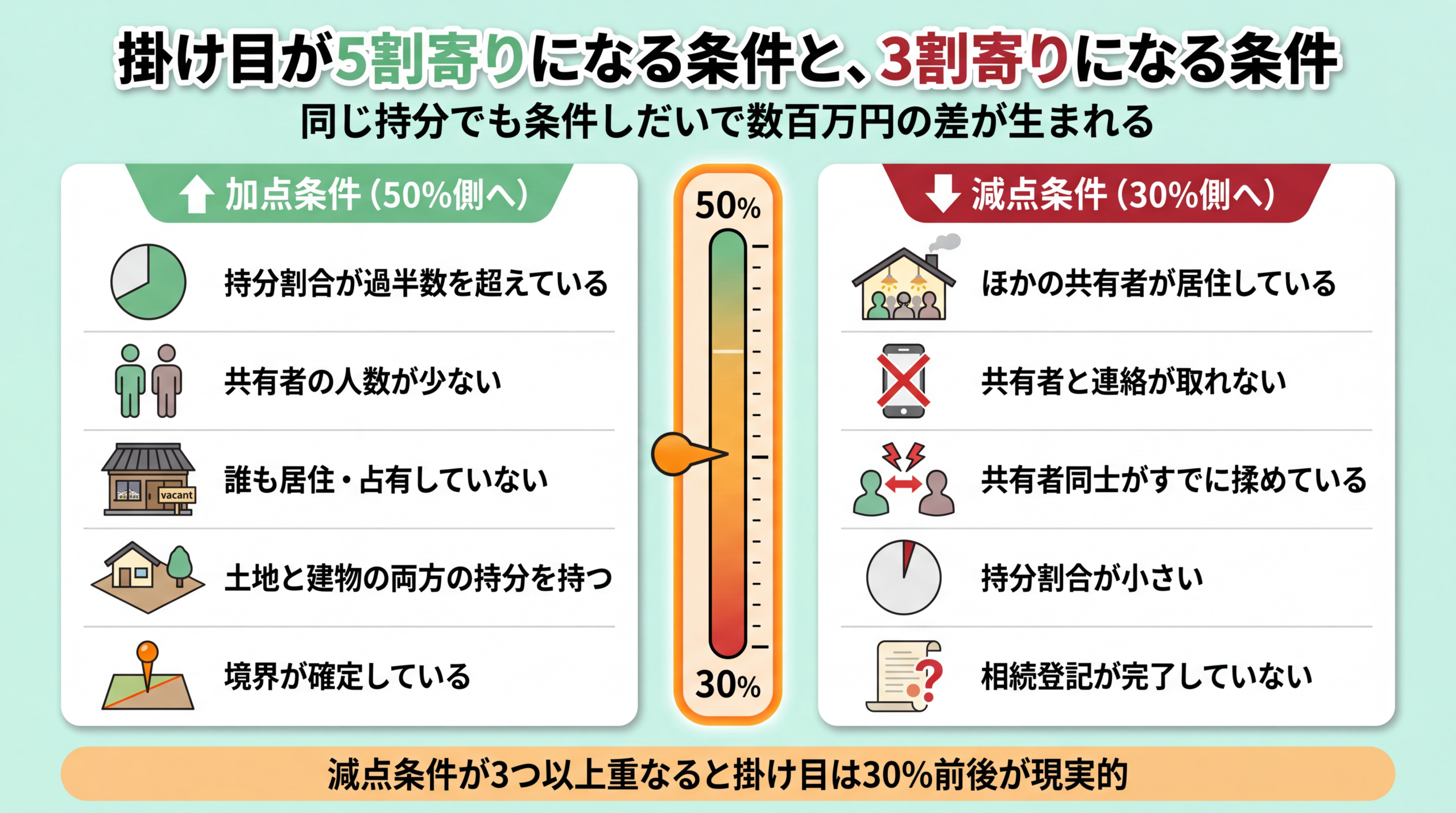 掛け目が50%側に寄る加点条件と30%側に寄る減点条件を、温度計を挟んで左右に並べた対比図