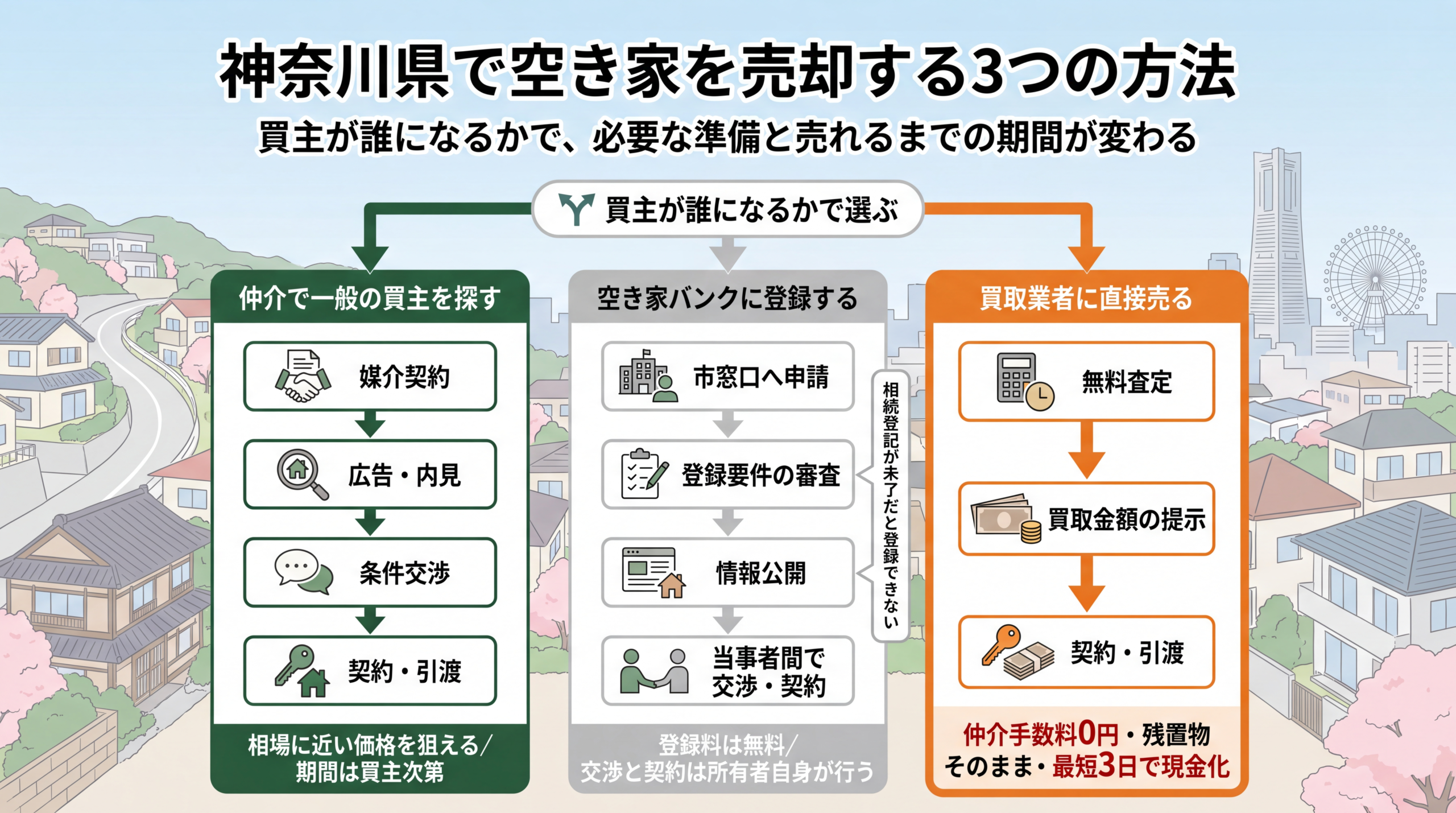 神奈川県で空き家を売却する3つの方法を比較するフローチャート。仲介・空き家バンク・買取の3トラックについて手順、期間、費用、向いているケースを図解