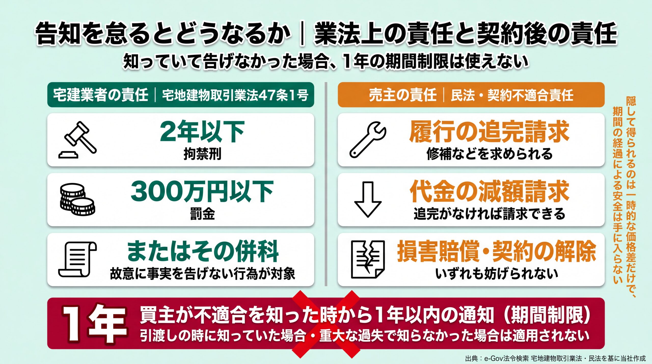宅建業者の2年以下の拘禁刑・300万円以下の罰金と、売主の追完請求・代金減額・損害賠償や1年の期間制限の例外を並べた責任の比較図