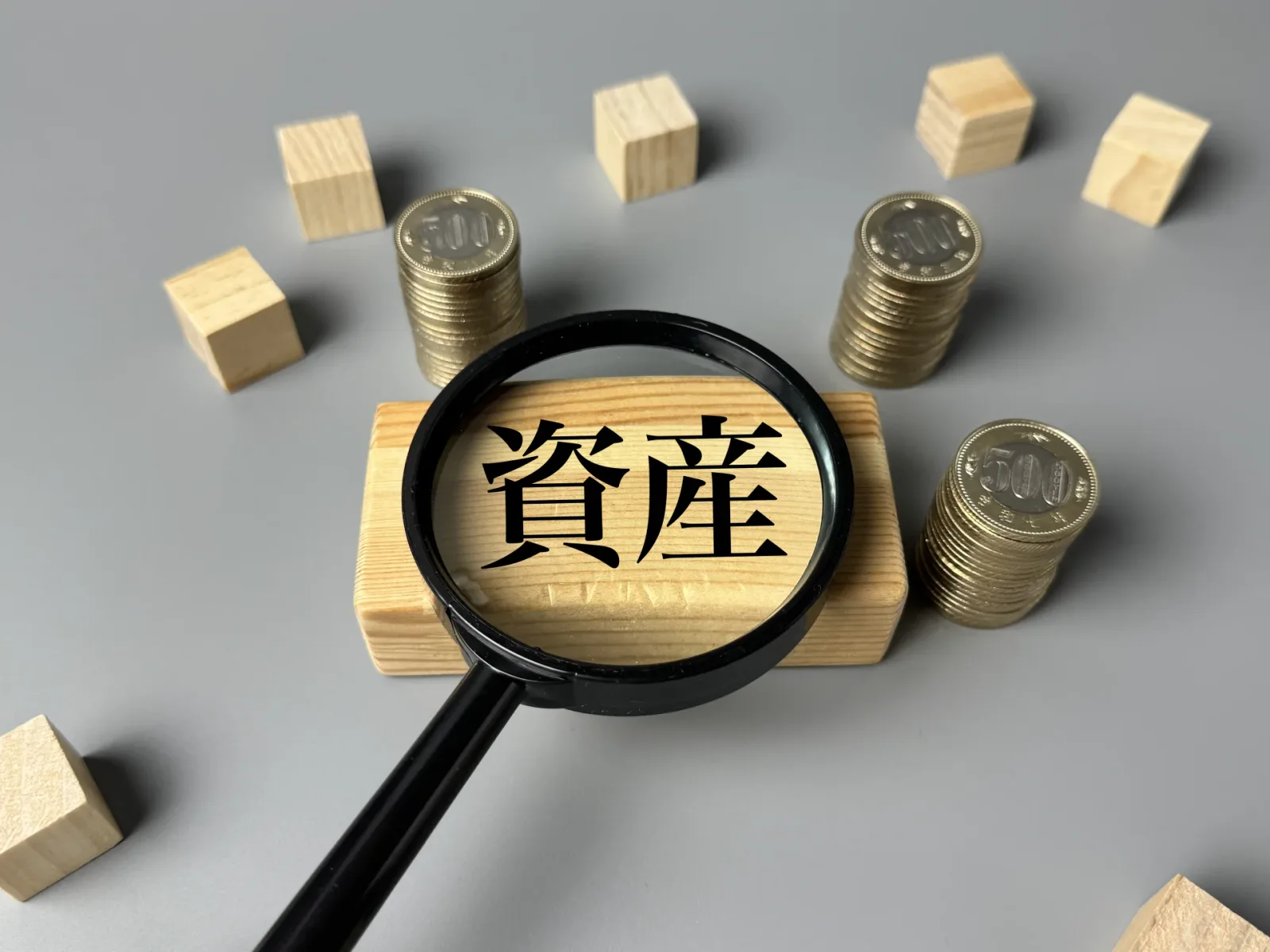 資産イメージ|虫眼鏡と小銭と木のブロック(空き家に関する記事のイメージ)