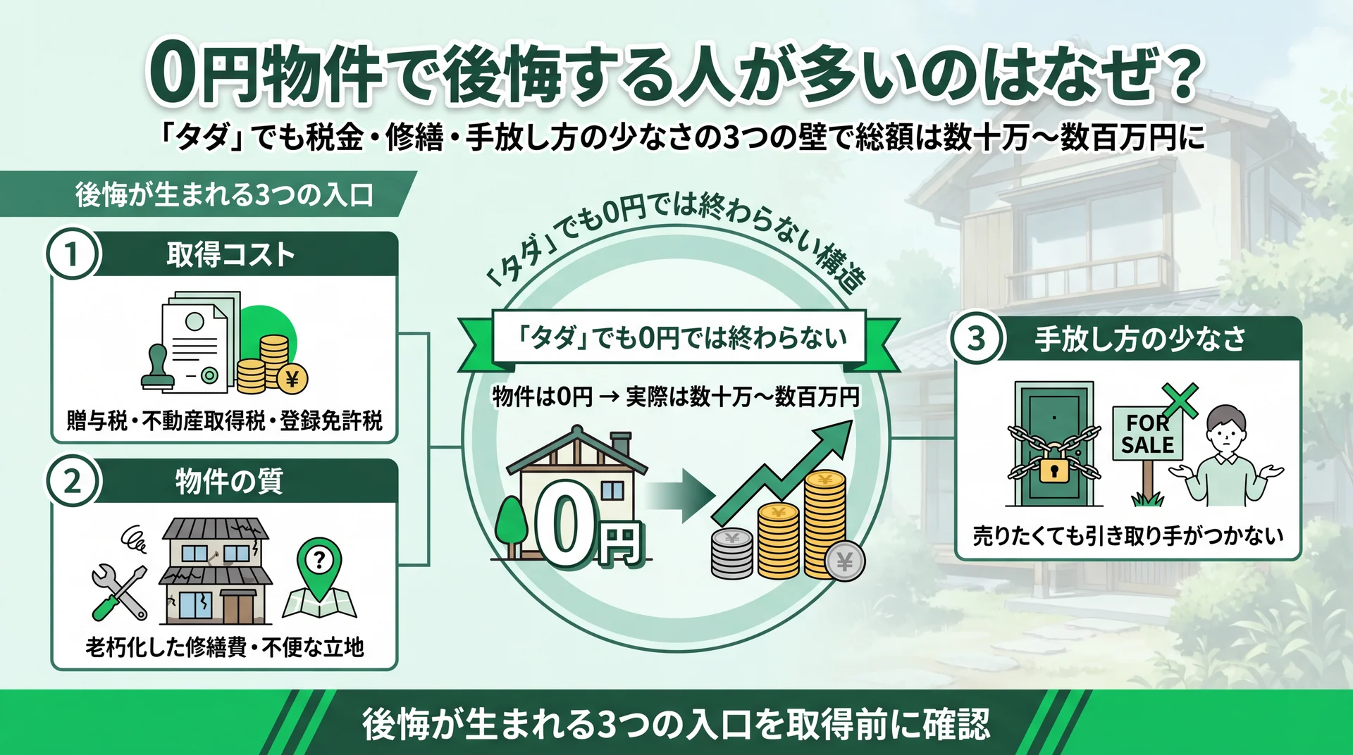 物件0円でも取得コスト・物件の質・手放し方の少なさという3つの入口から後悔が生まれ総額は数十万〜数百万円になることを示した図解
