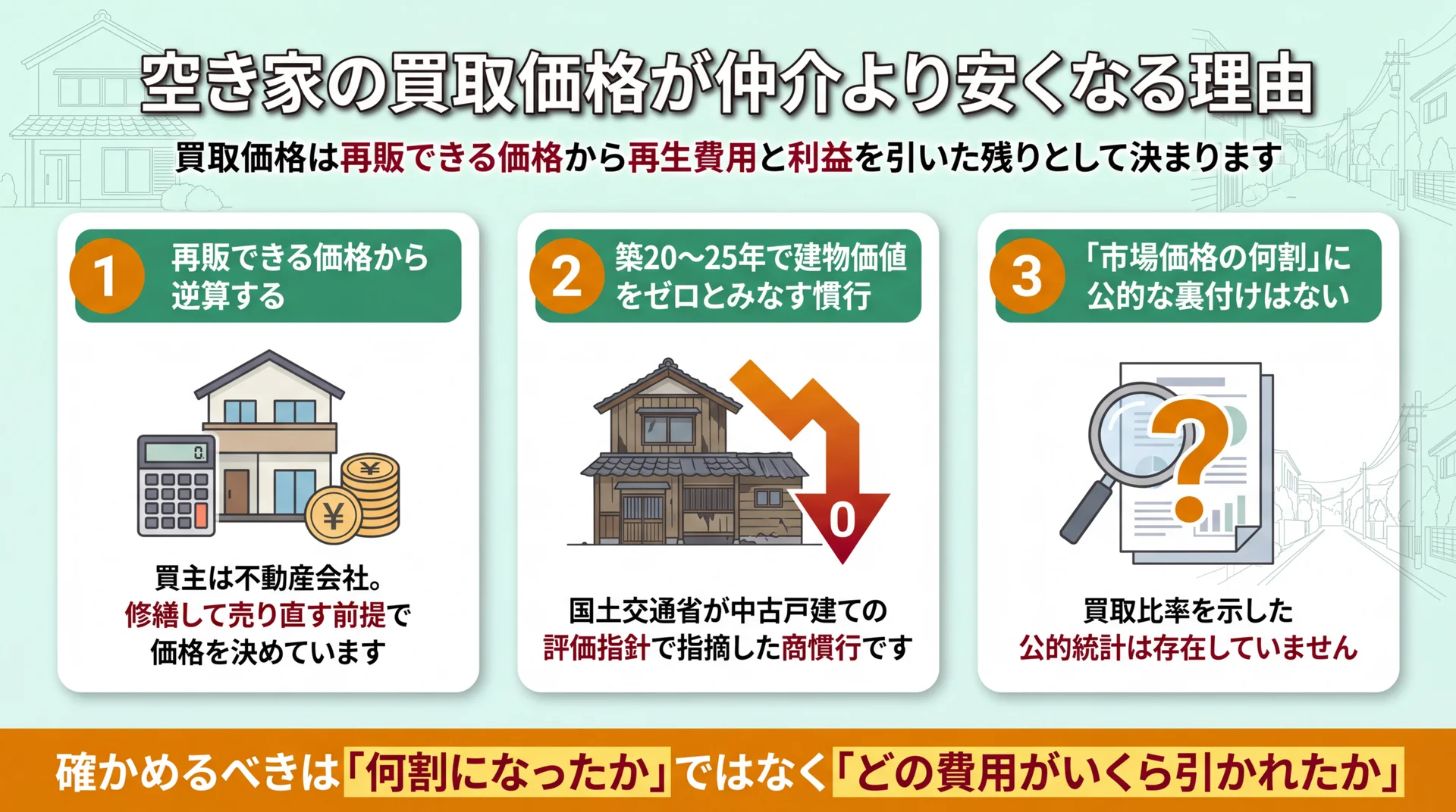 買取価格が仲介価格より低くなる理由を、再販コストの内訳と築年数による建物評価の2軸で示した図解