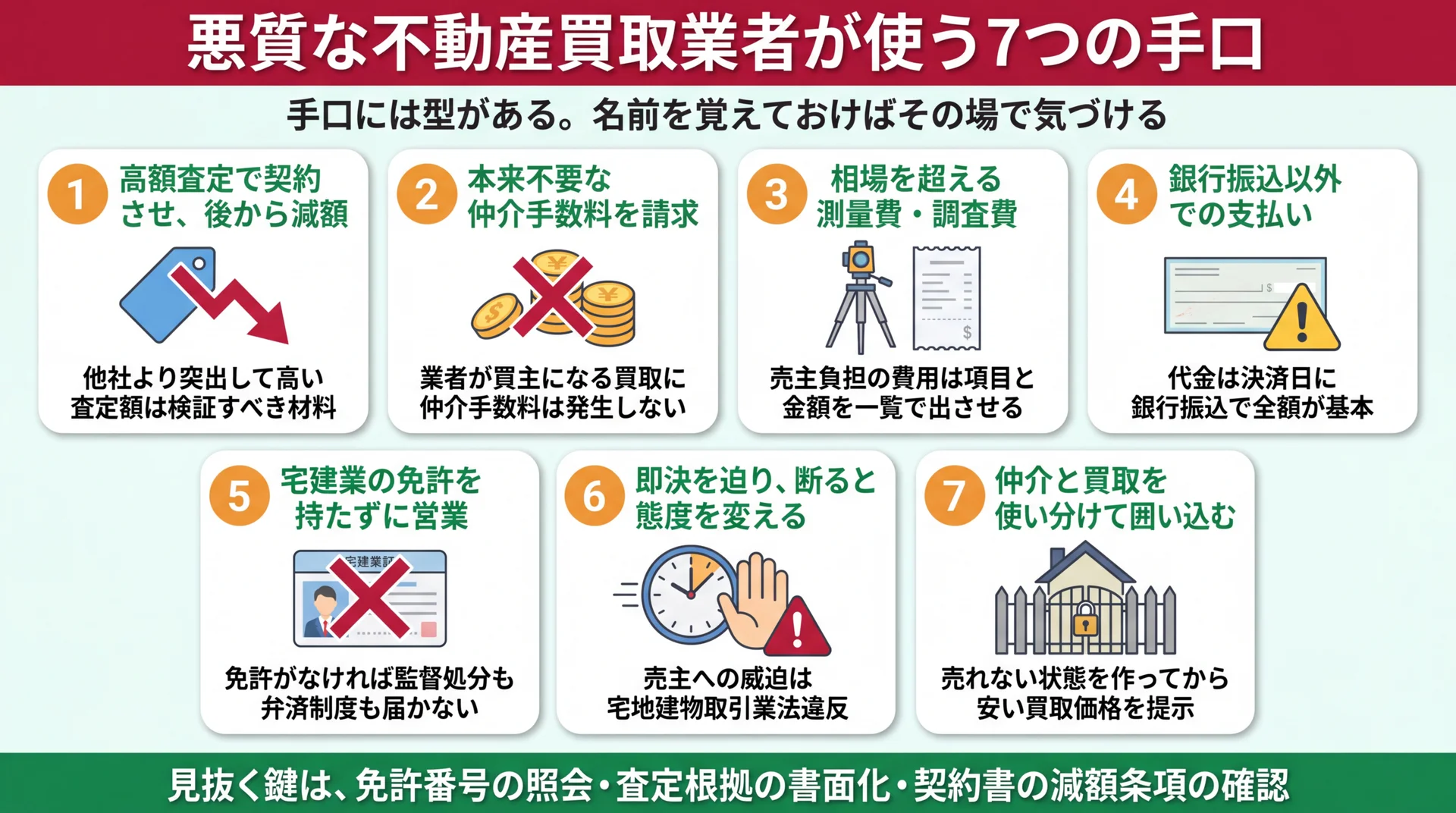 高額査定後の減額・不要な仲介手数料・過大な測量費など、悪質業者の7つの手口と各手口への対処法を並べた図解