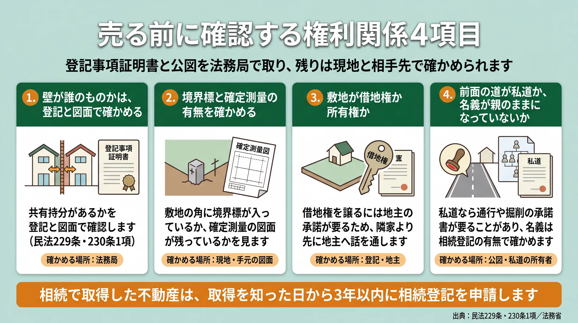 壁の帰属・境界標・借地か所有か・前面道路と名義の4項目を、確かめる場所とセットで並べた確認図