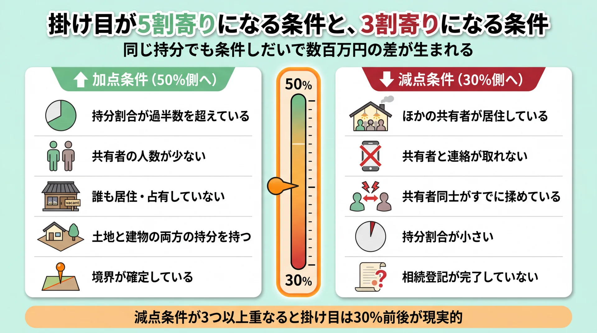 掛け目が50%側に寄る加点条件と30%側に寄る減点条件を、温度計を挟んで左右に並べた対比図
