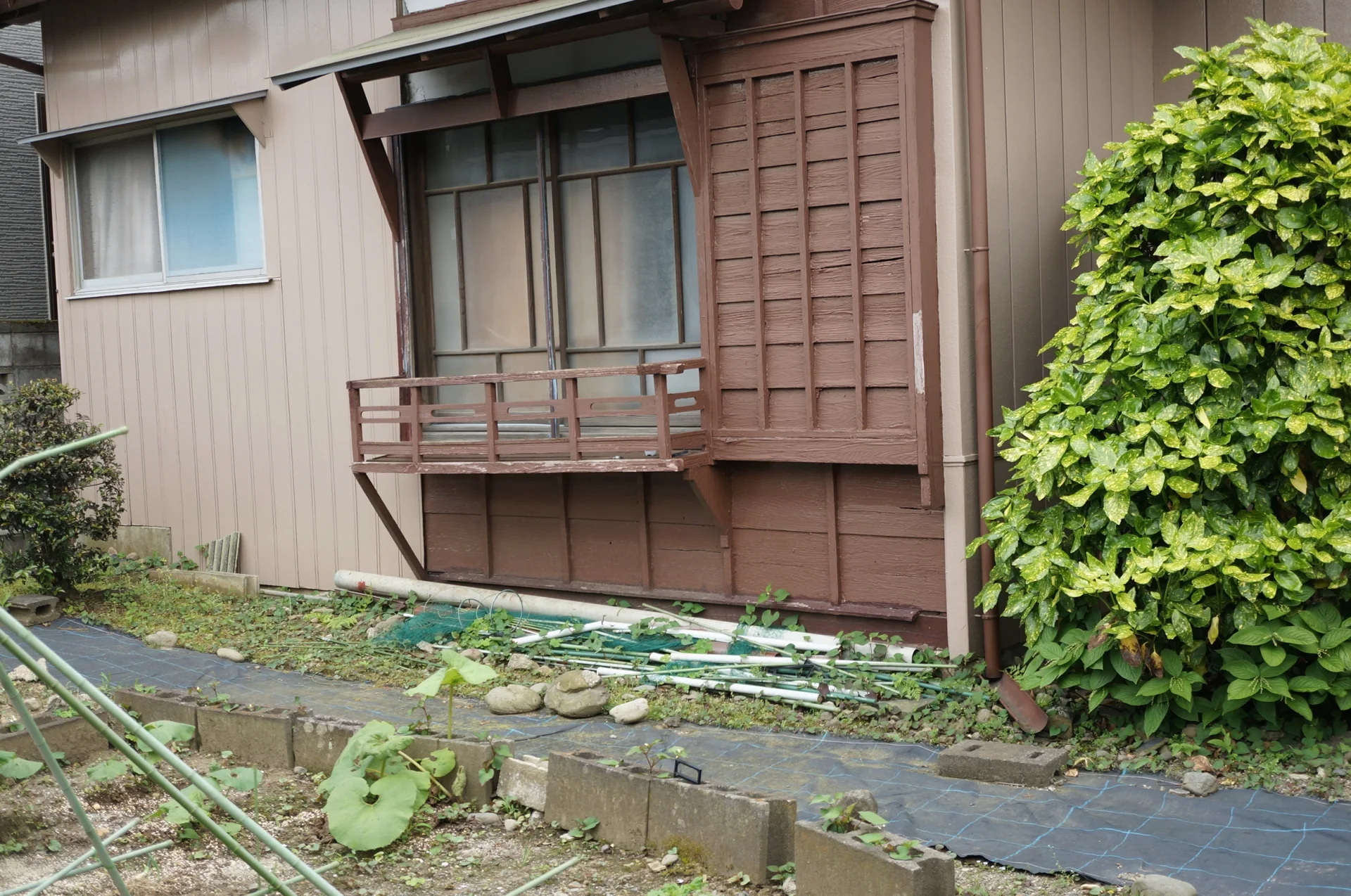 庭に草木が伸び、資材が置かれたままの古い木造住宅の外観（諫早市の空き家の無償譲渡のイメージ）