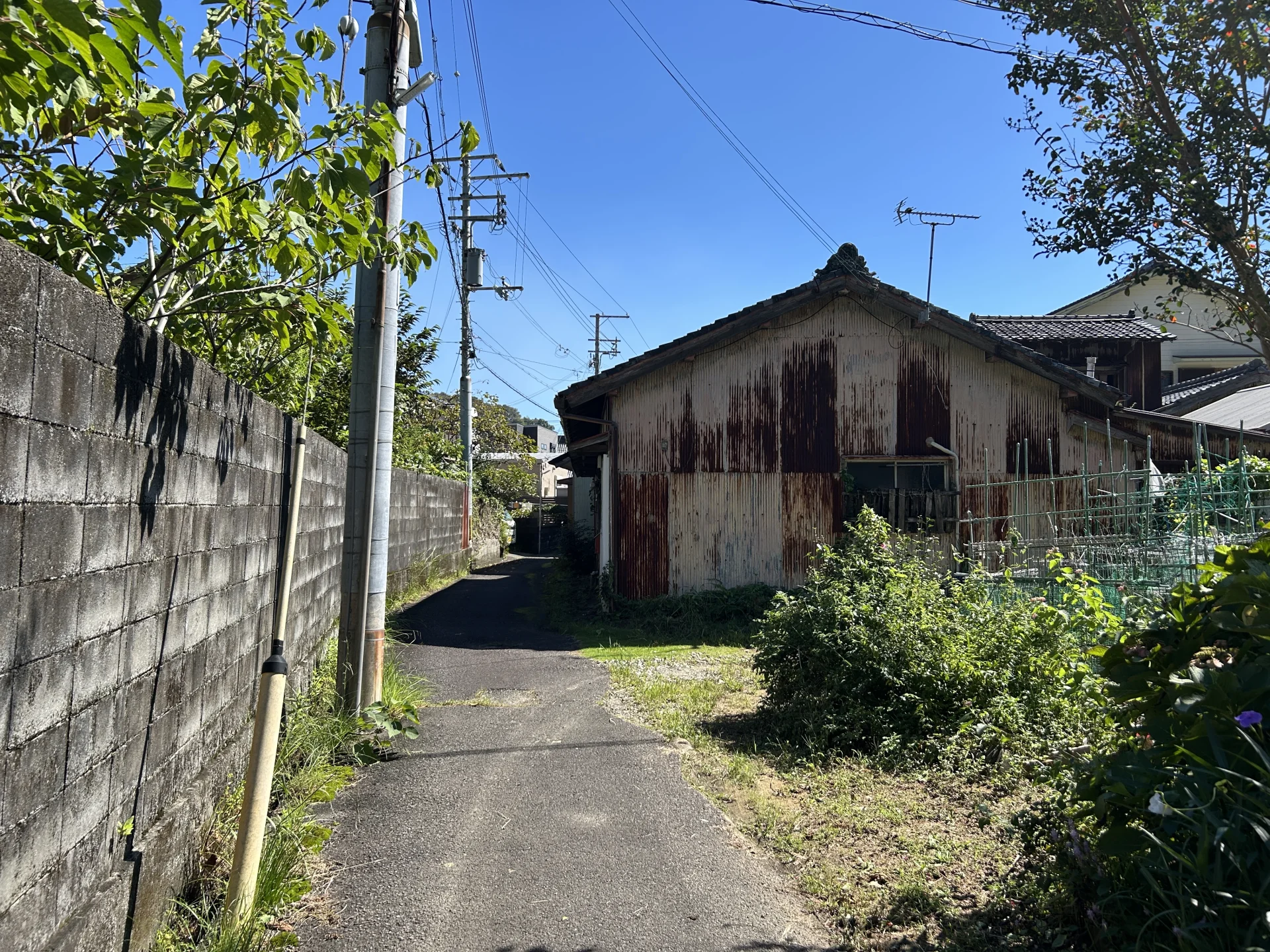 ブロック塀の路地の先に、草に囲まれて残るトタン外壁の古い建物(霧島市で空き家を無料で手放すイメージ)