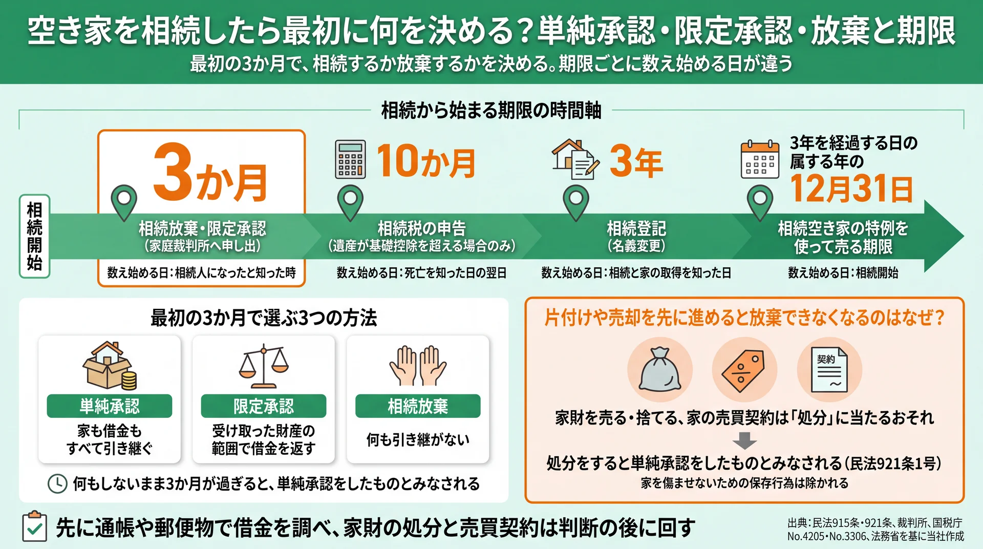 放棄の3か月から特例で売る期限まで4つの期限を数え始める日つきで並べ、3つの承認方法と処分の注意を添えた図