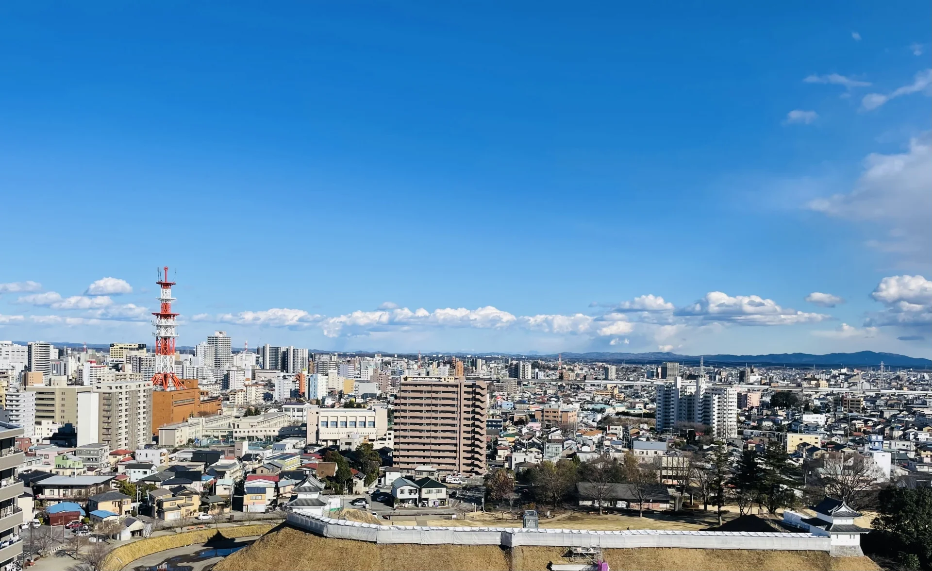 城跡の土塁越しに広がる宇都宮市街の住宅やマンション（栃木の共有持分の買取のイメージ）